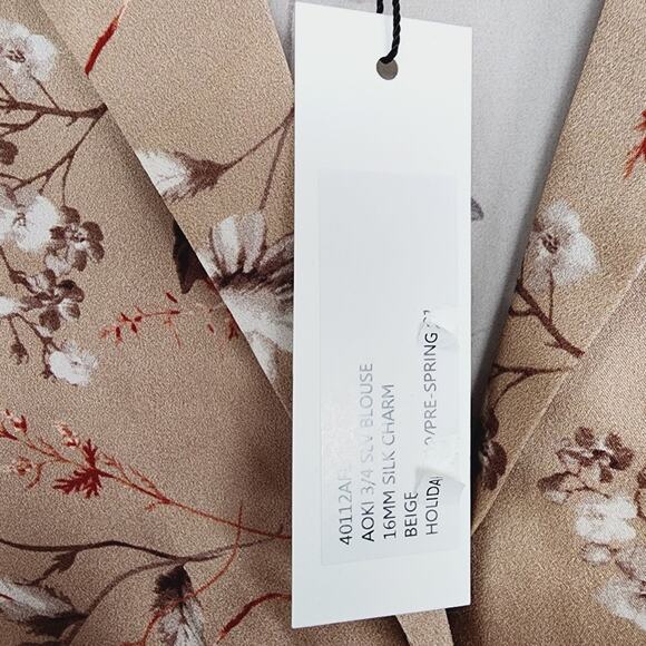 L'Agence Aoki 100% Silk Satin Floral Button-Down Blouse Beige 3/4 Sleeve XS - Picture 7 of 8